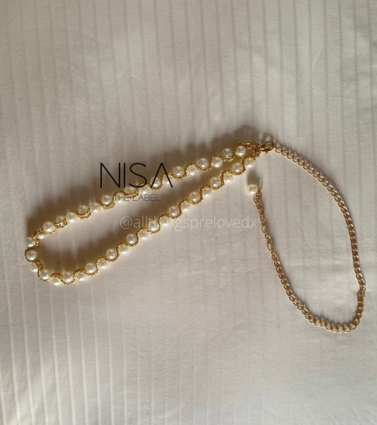 Pearl detailed gold chain waist belt
