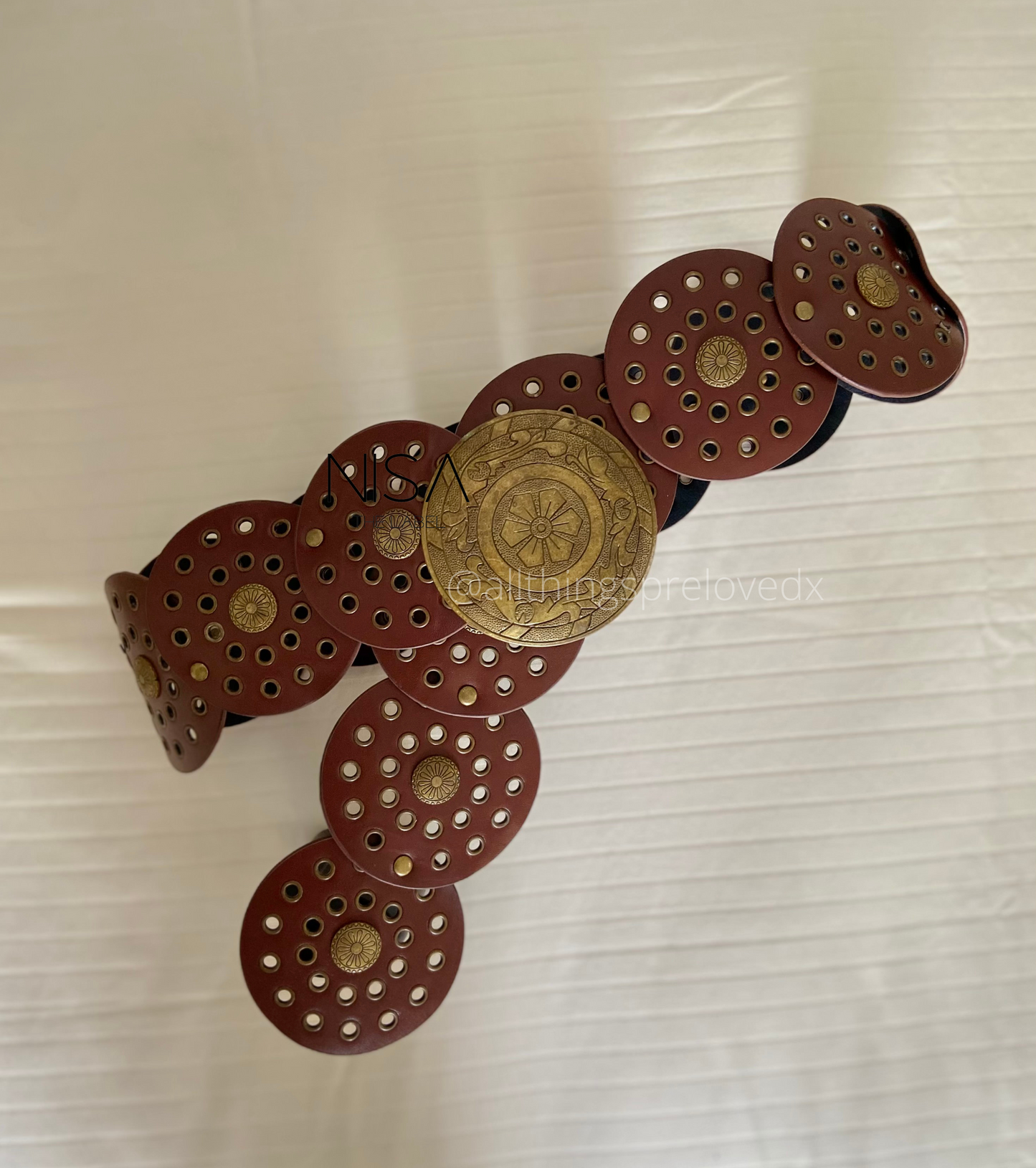 Vintage round bronze buckle shield disc dual open work waist belt