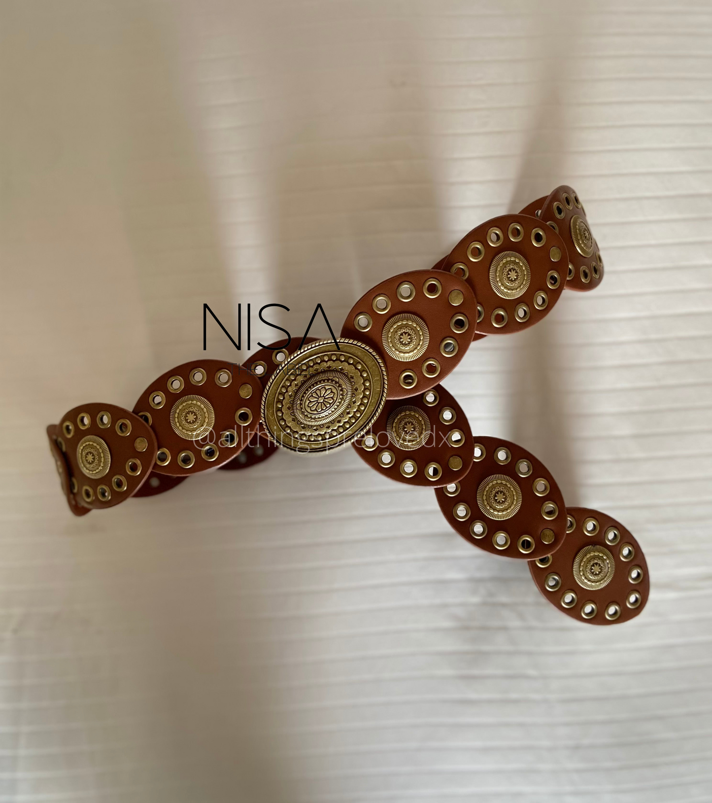 Vintage oval gold buckle shield disc open work waist belt