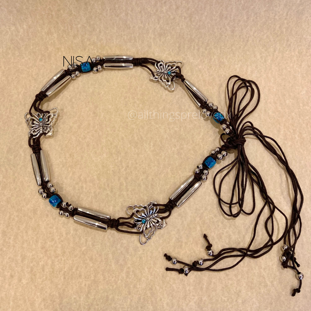 Silver butterfly embellished rope turquoise beads waist belt