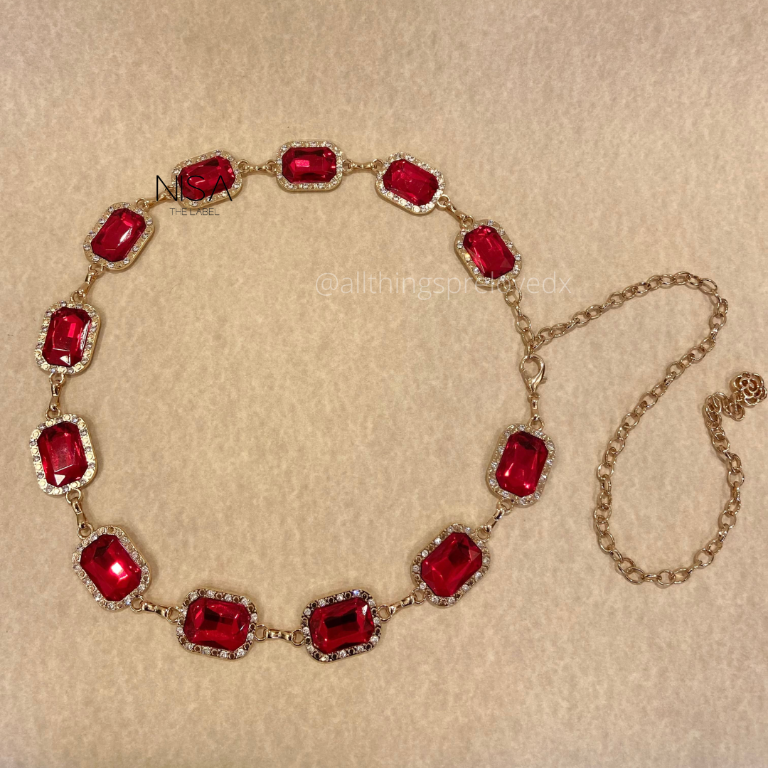 Gem stone rhinestone embellished metal chain belt