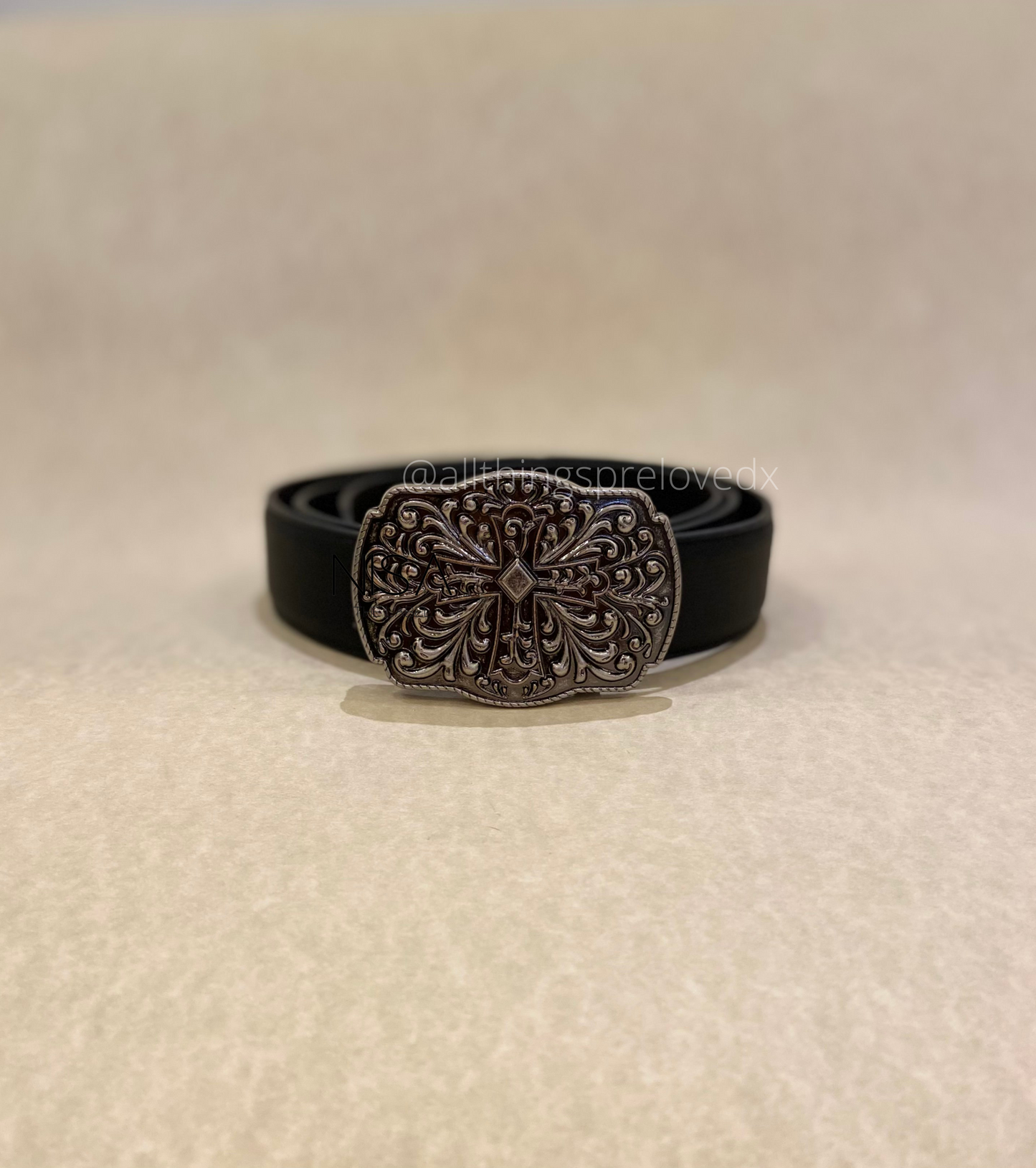 Cross intricate detailed metal buckle basic belt