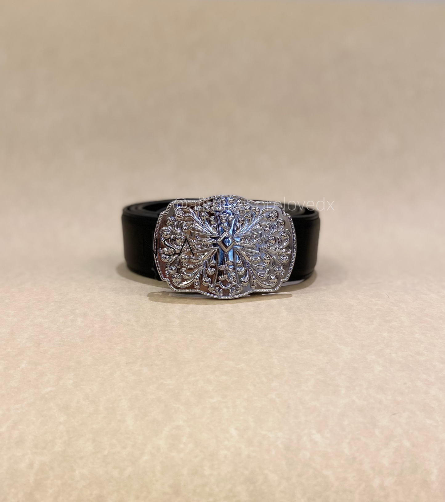 Cross intricate detailed metal buckle basic belt
