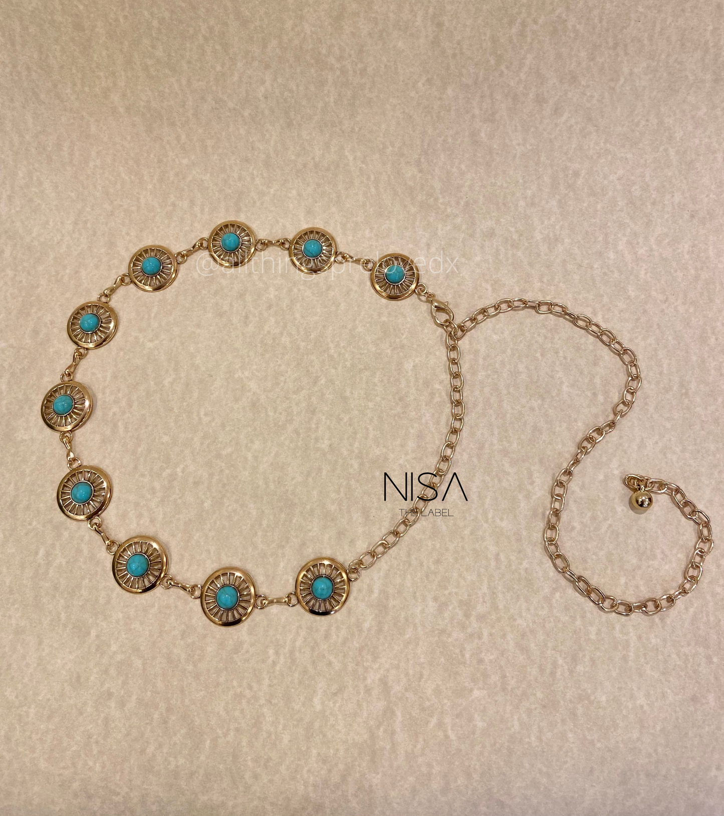 Circular turquoise stone metal chain waist belt