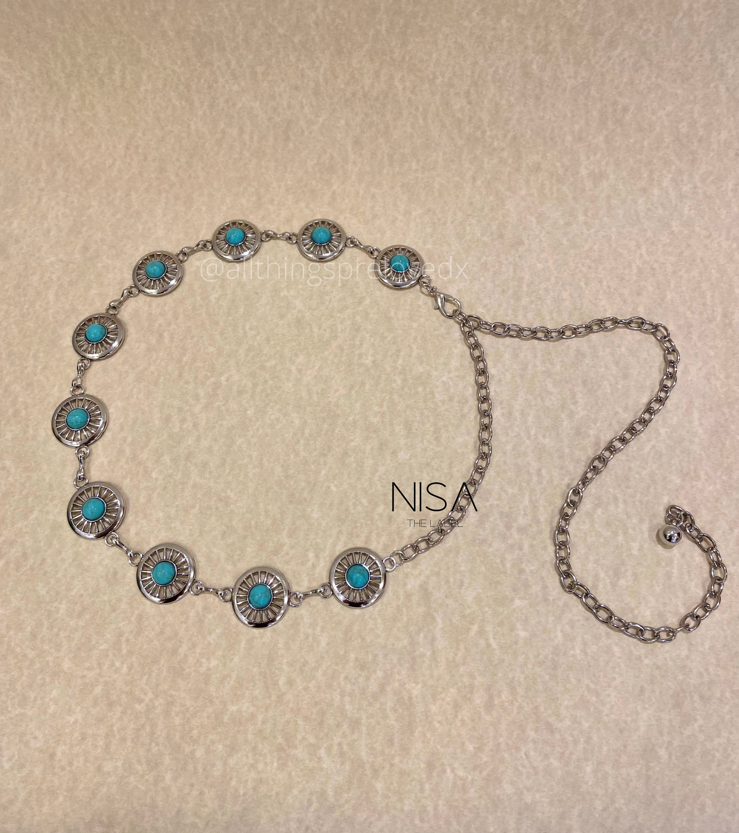 Circular turquoise stone metal chain waist belt