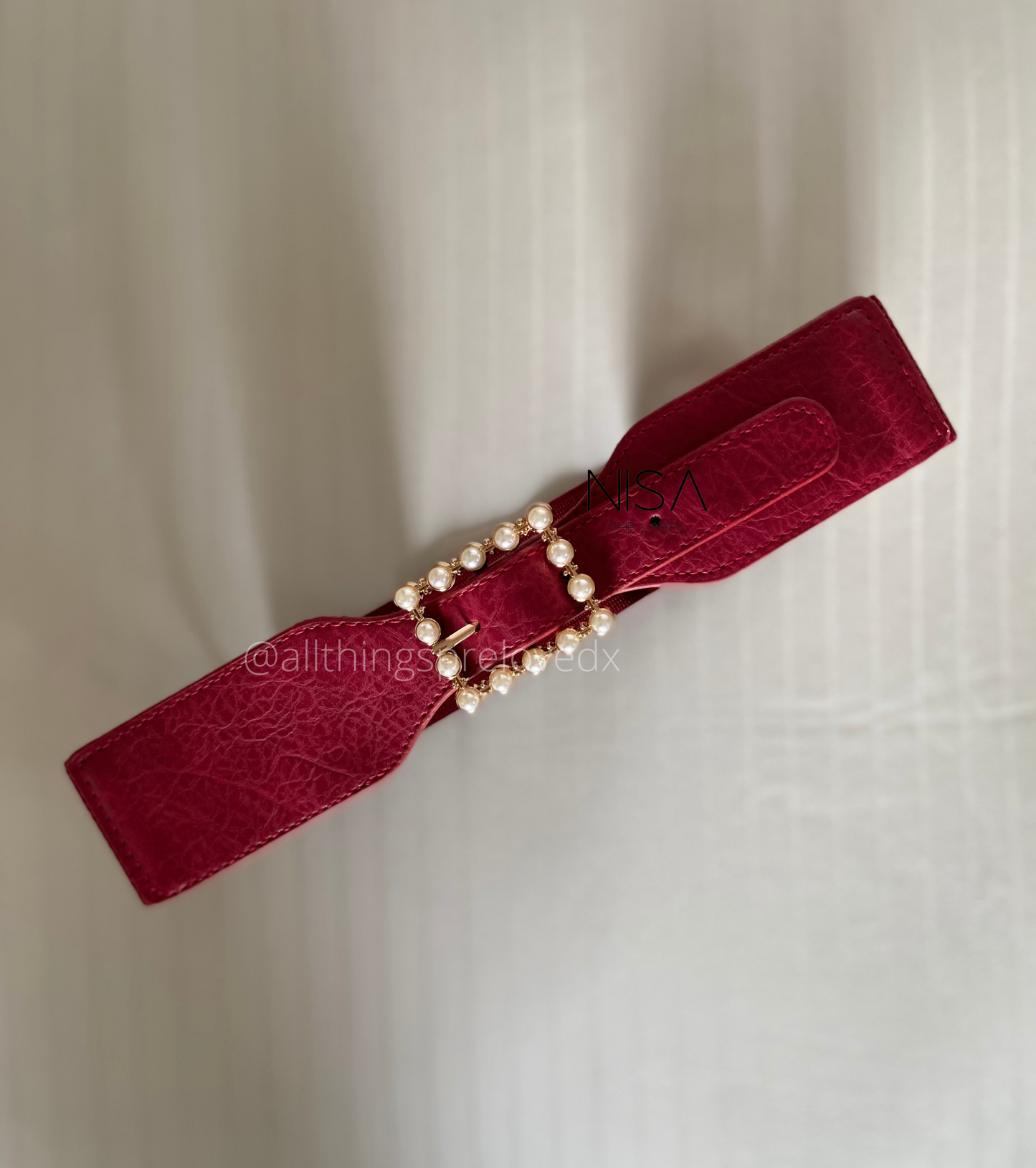Horizontal rectangle pearl metal buckle textured waist cincher belt