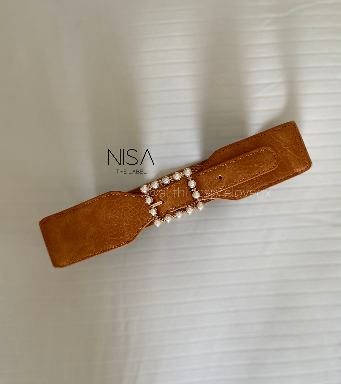 Horizontal rectangle pearl metal buckle textured waist cincher belt