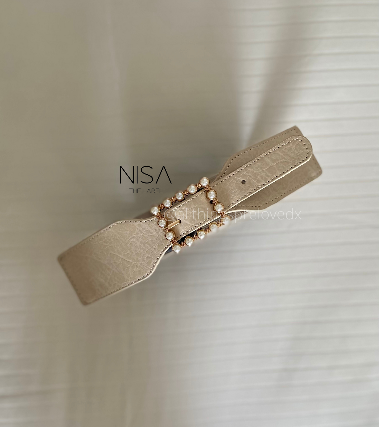 Horizontal rectangle pearl metal buckle textured waist cincher belt