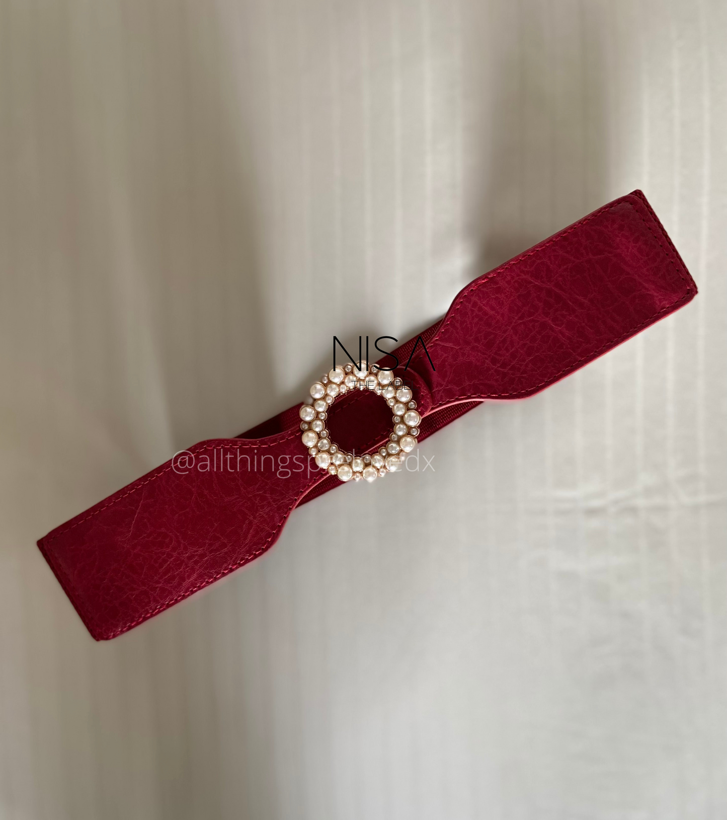 Dual layer pearl round metal buckle textured waist cincher belt