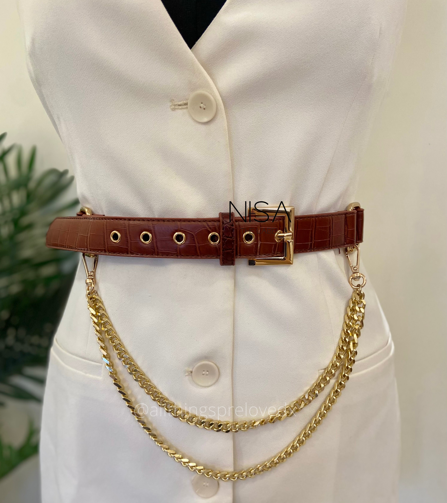 Croc textured gold metal buckle detachable chain basic belt