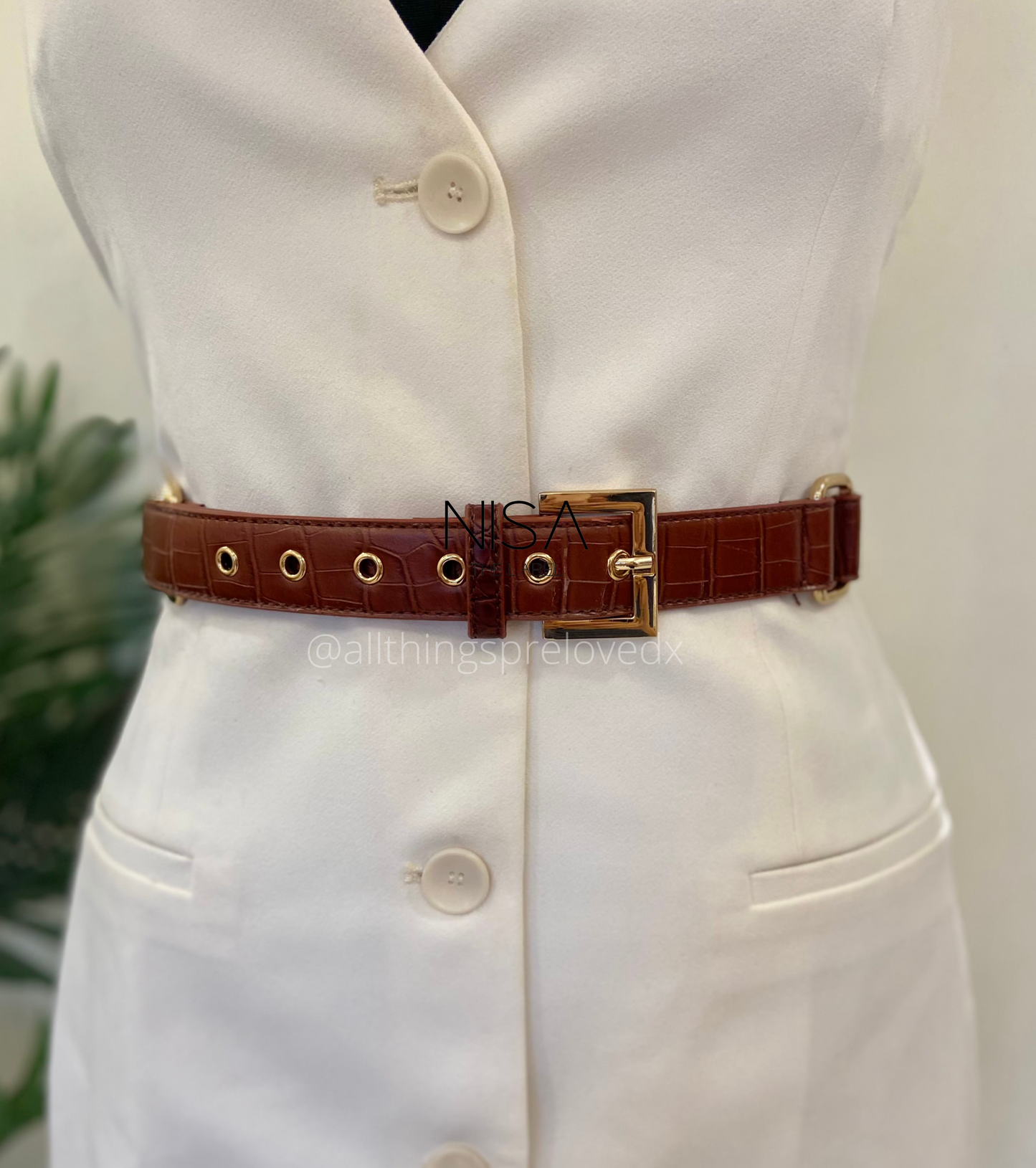 Croc textured gold metal buckle detachable chain basic belt