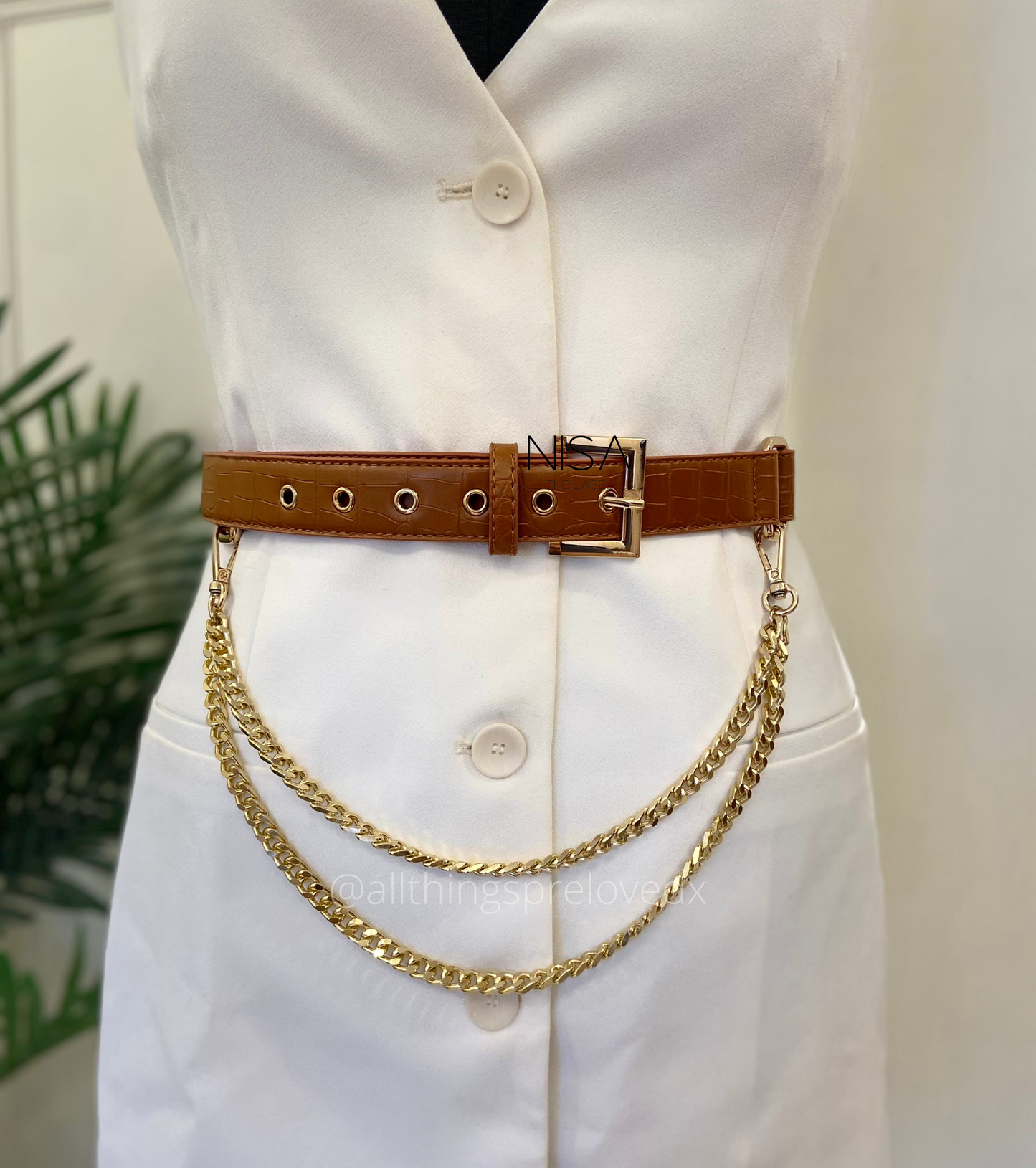 Croc textured gold metal buckle detachable chain basic belt