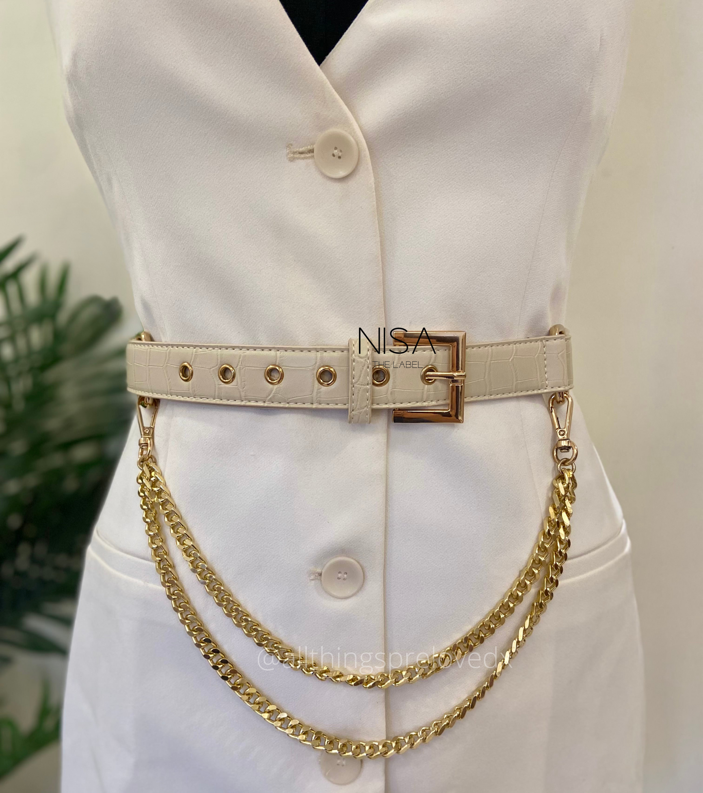 Croc textured gold metal buckle detachable chain basic belt