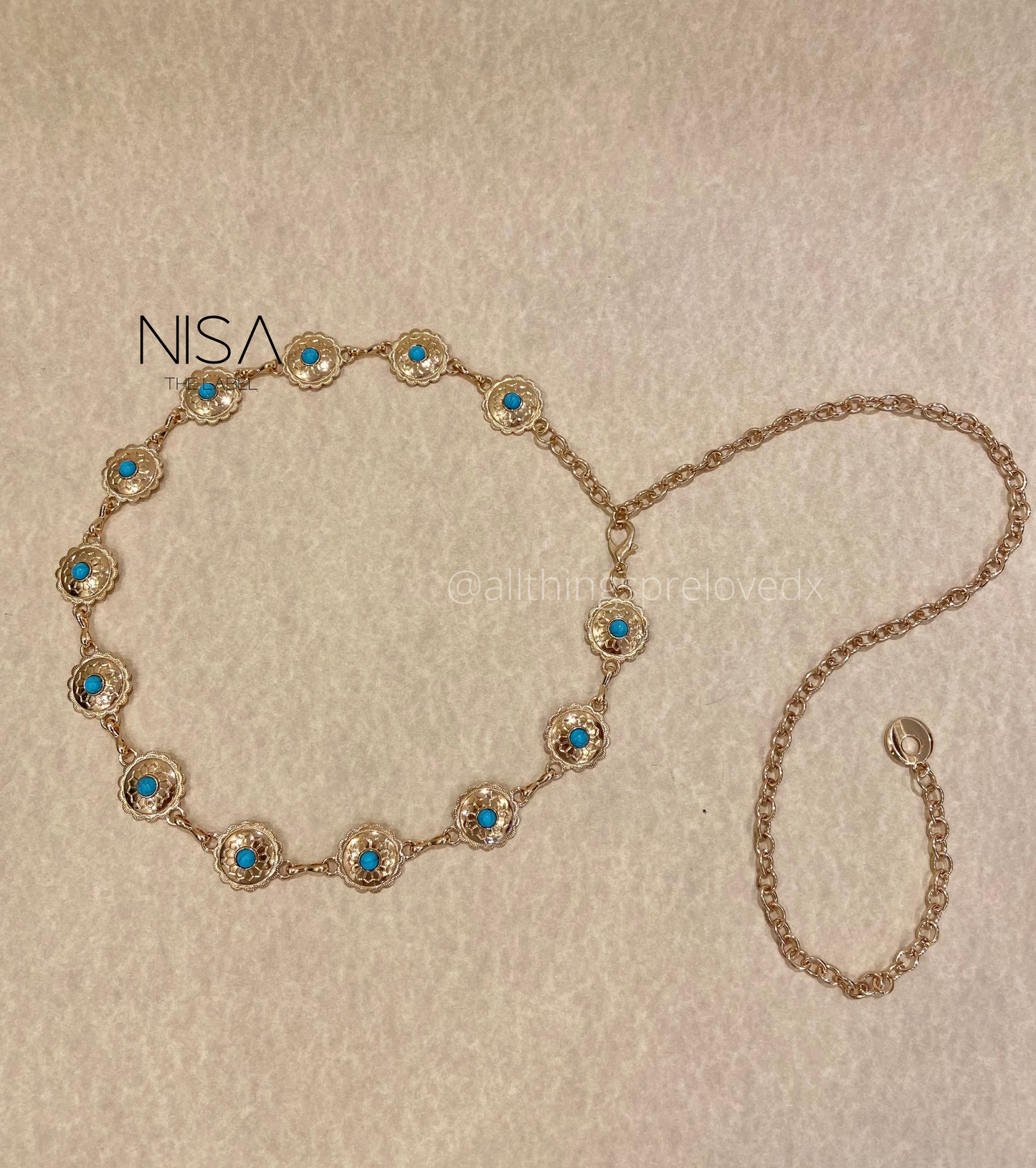Round dainty cutwork turquoise chain waist belt