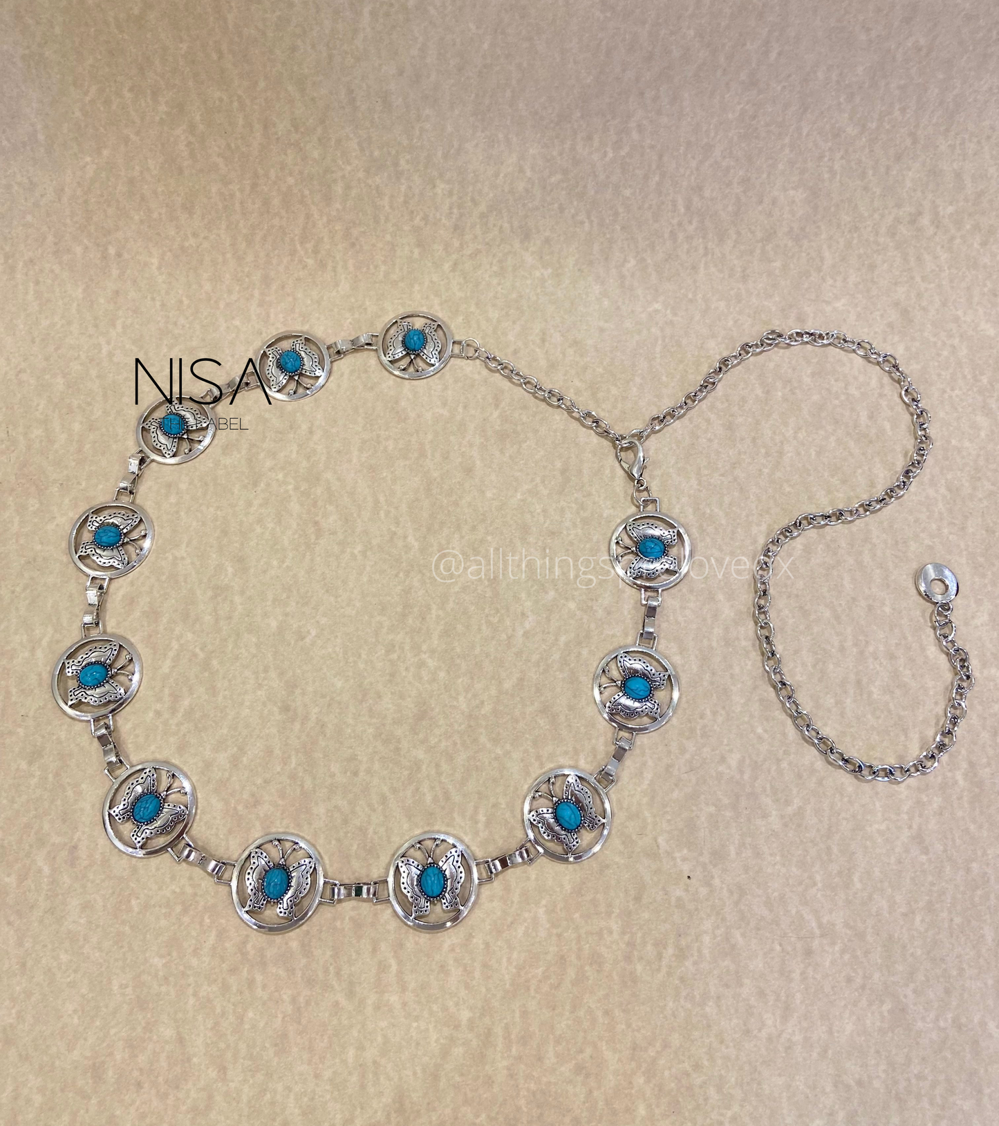 Inset butterfly turquoise chain waist belt