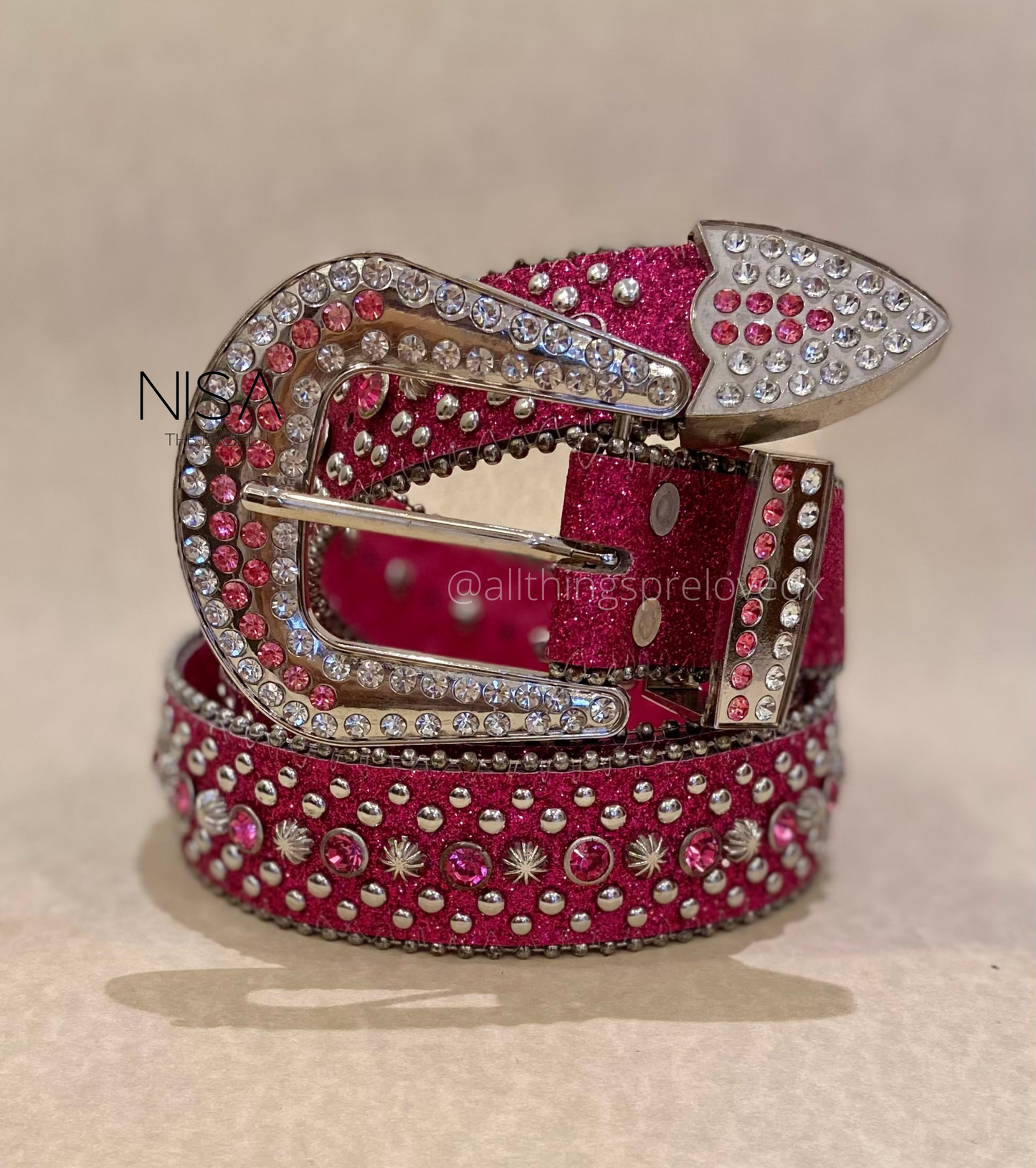 Rhinestone silver and pink studded glam retro basic belt