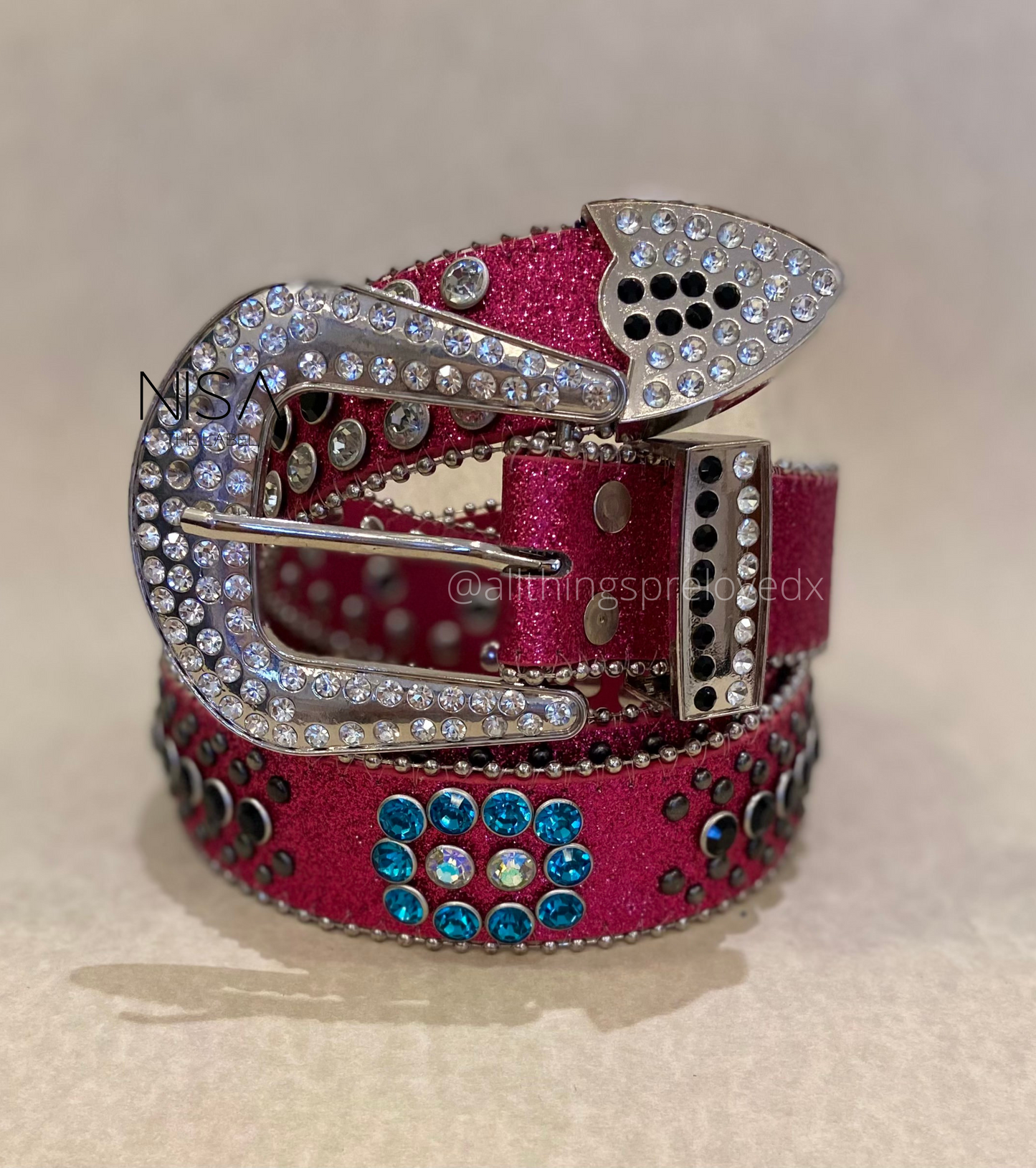 Rhinestone studded blue detailed glam retro basic belt