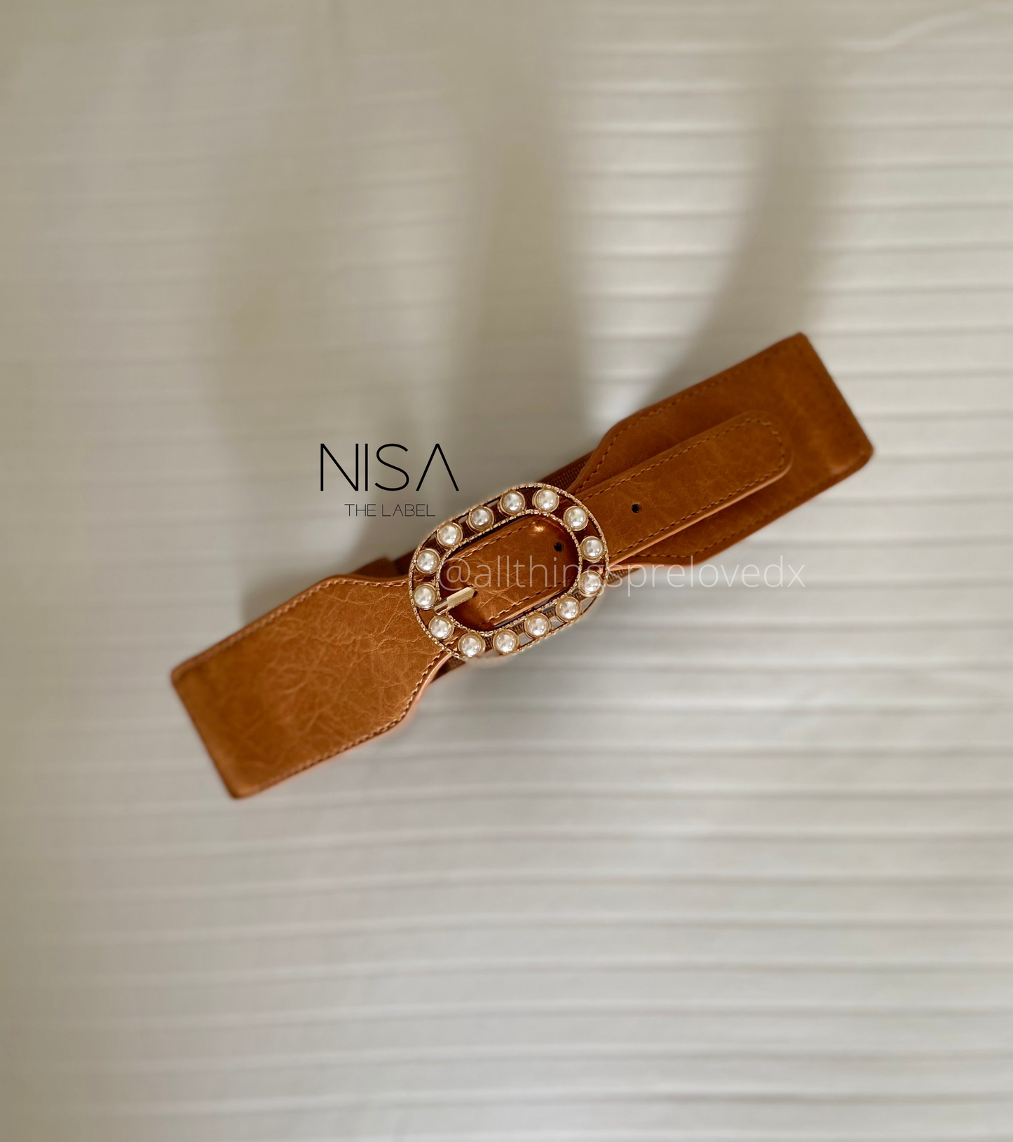 Oval rectangle pearl metal buckle textured waist cincher belt