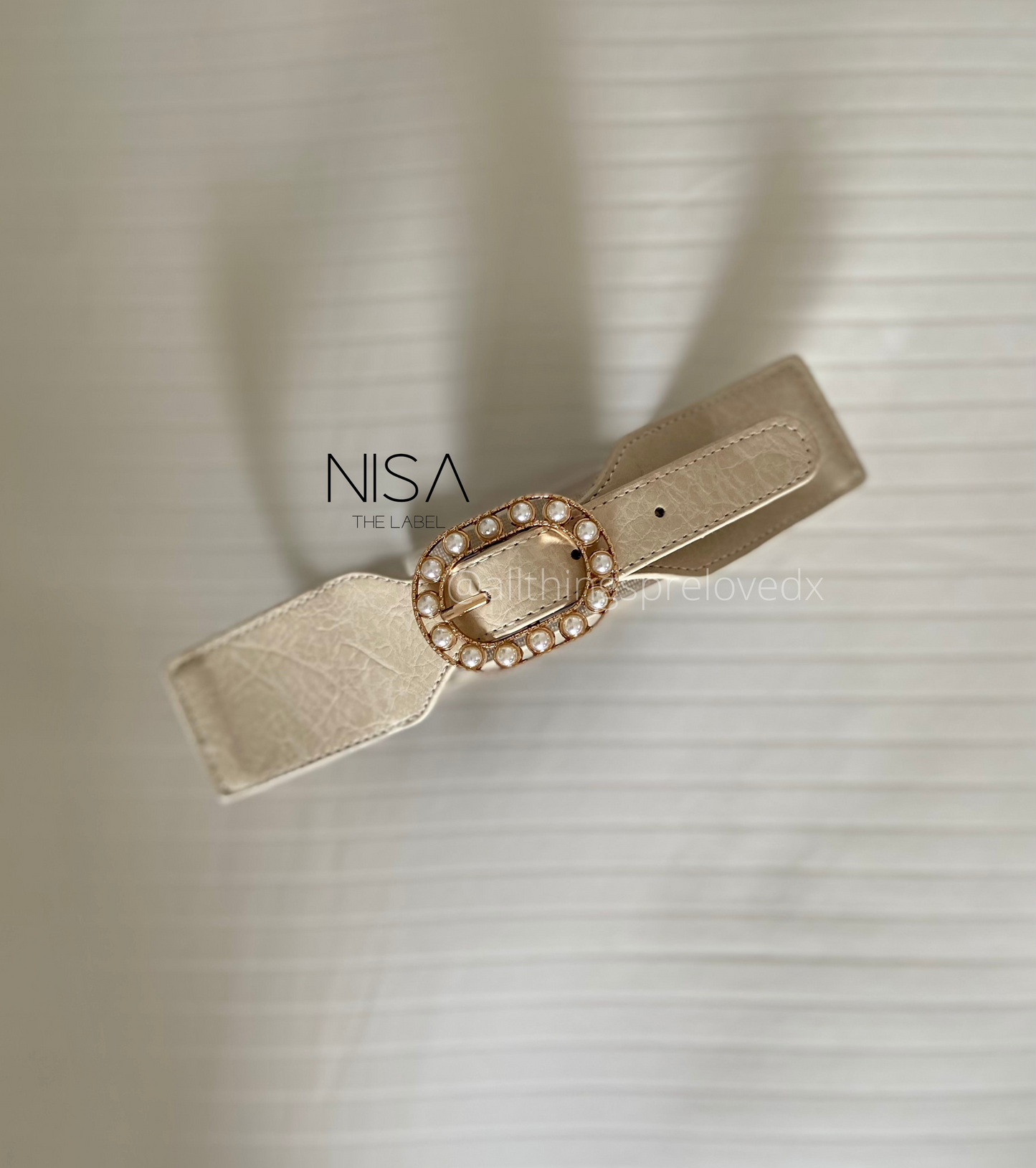 Oval rectangle pearl metal buckle textured waist cincher belt
