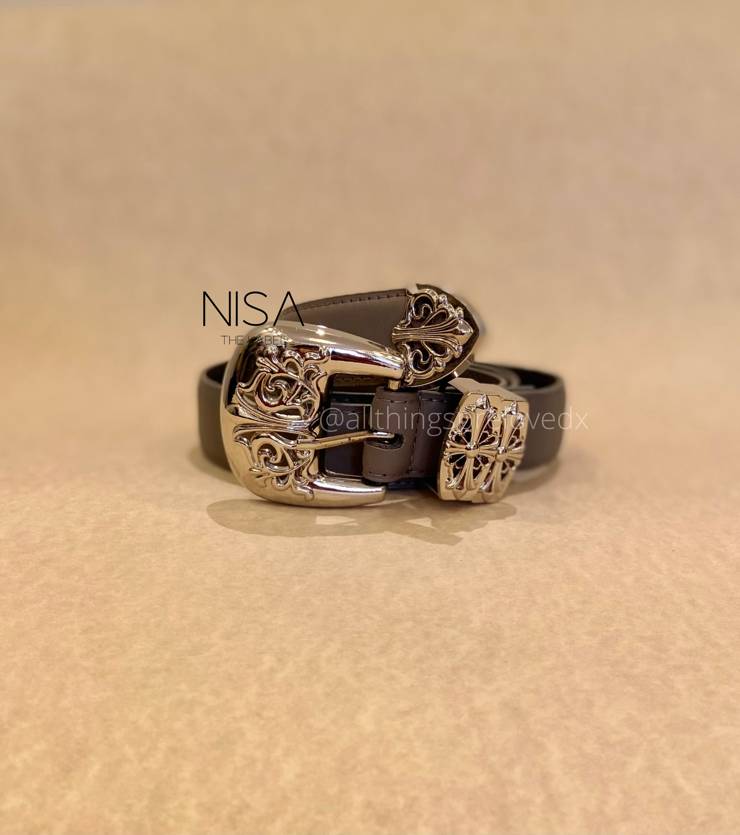 Intricate design silver metal buckle basic belt