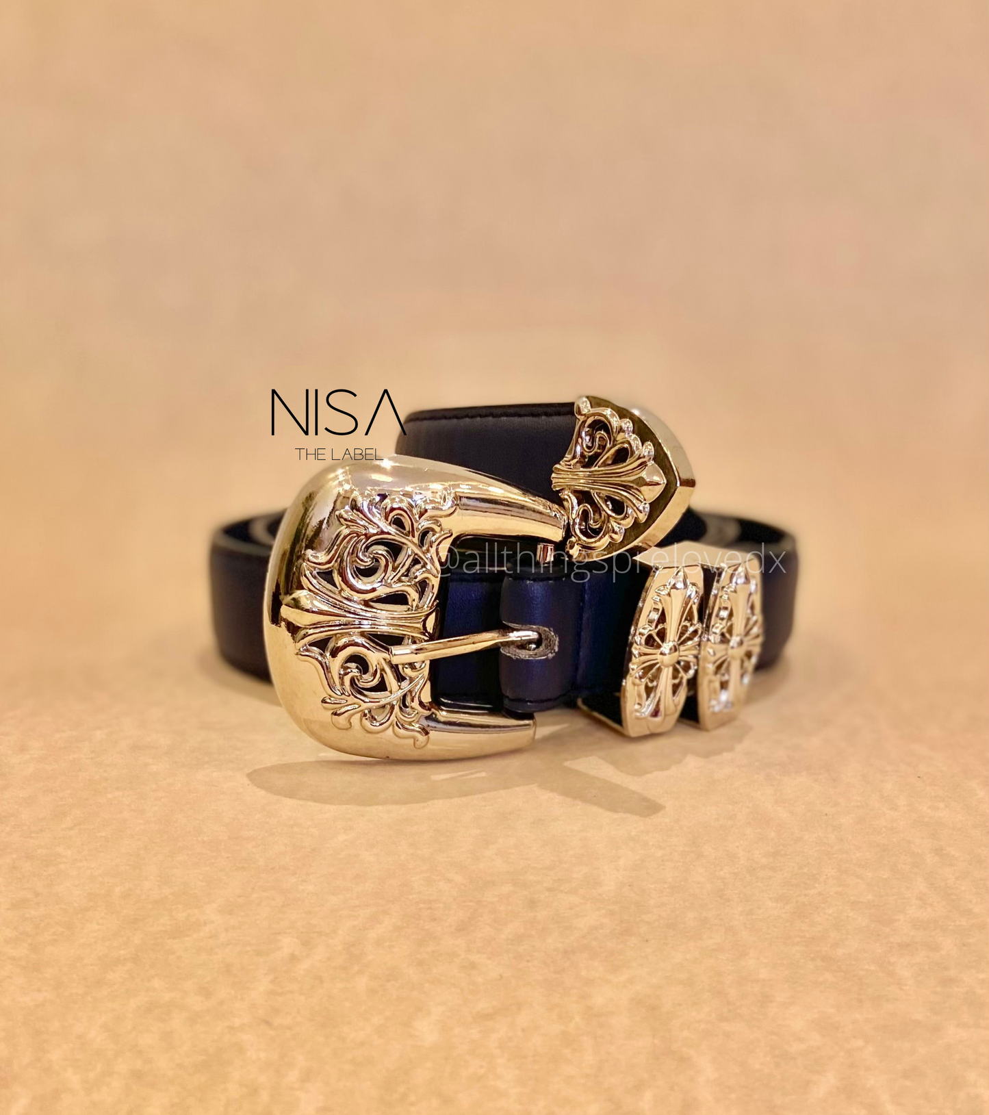 Intricate design silver metal buckle basic belt