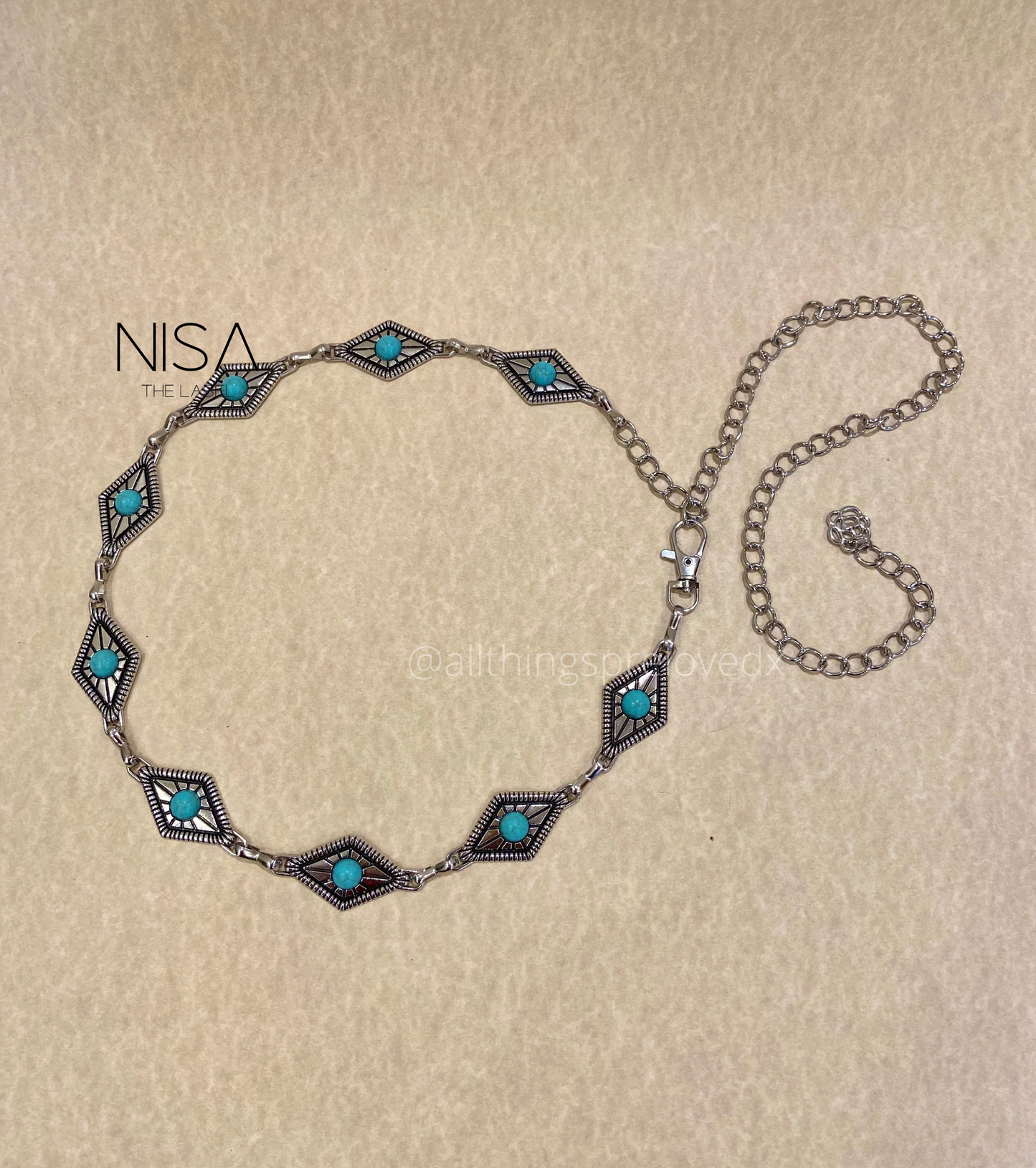 Diamond intricate detailed turquoise metal chain belt