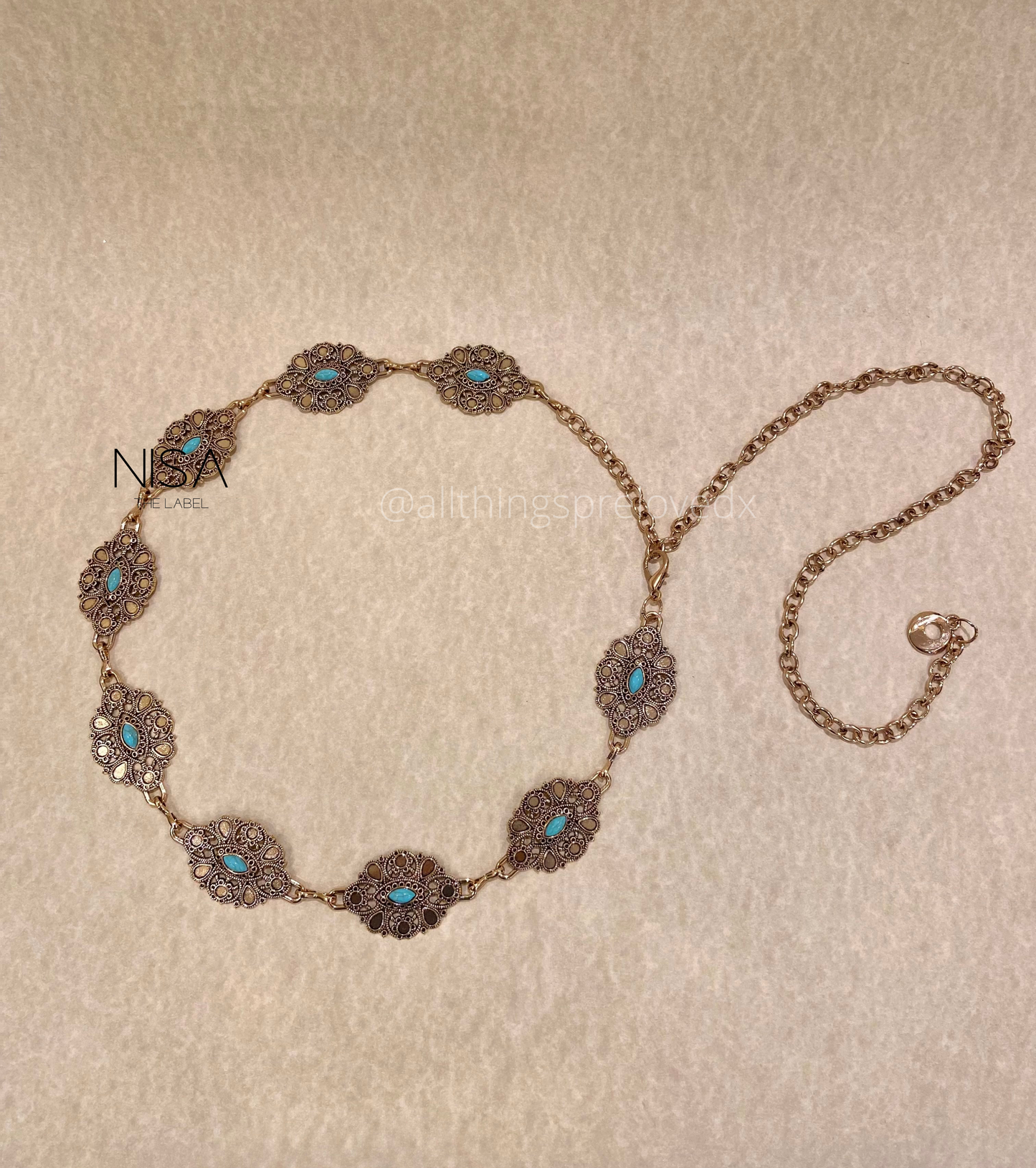 Vintage cutwork petal detailed turquoise metal chain belt