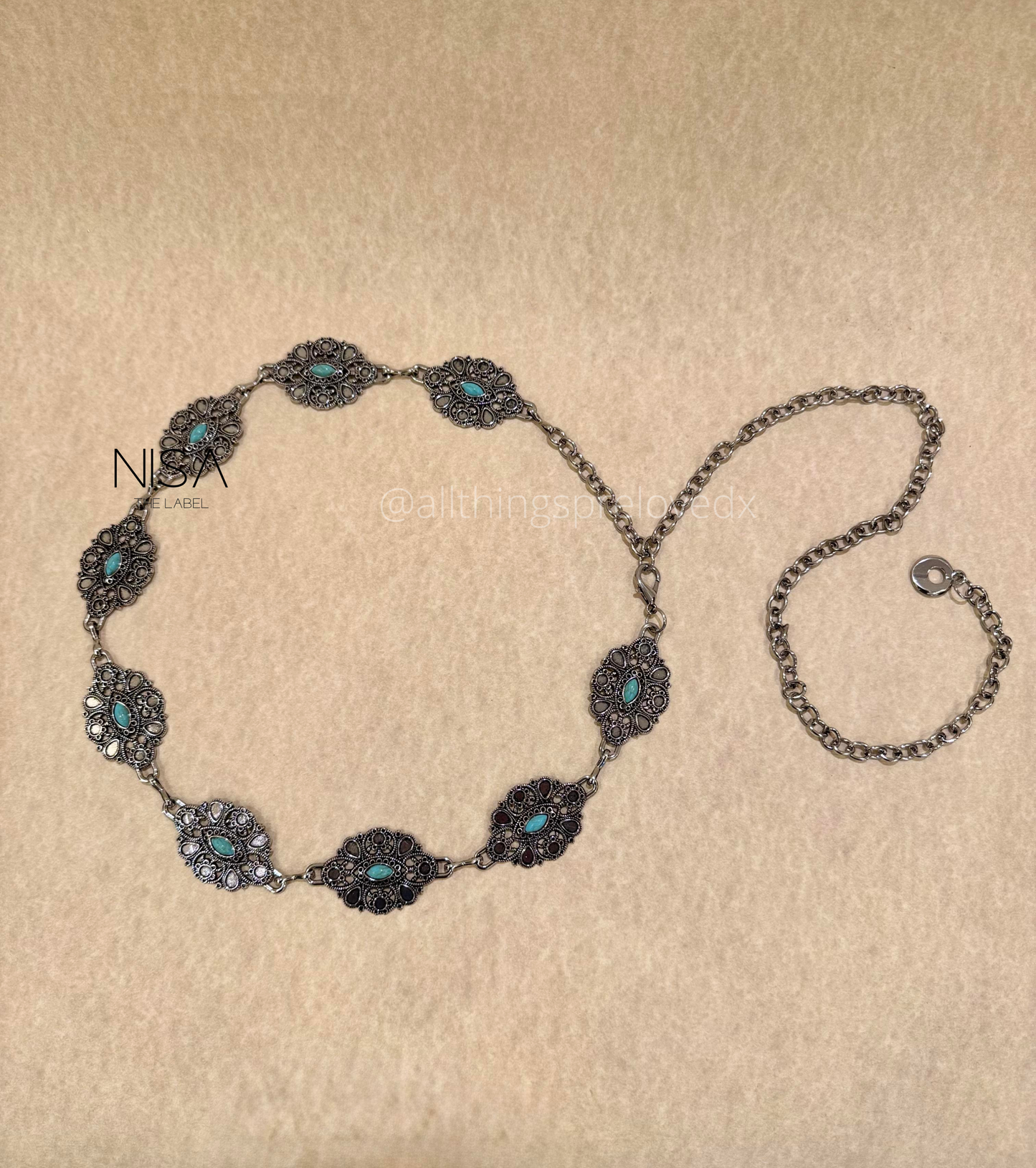 Vintage cutwork petal detailed turquoise metal chain belt