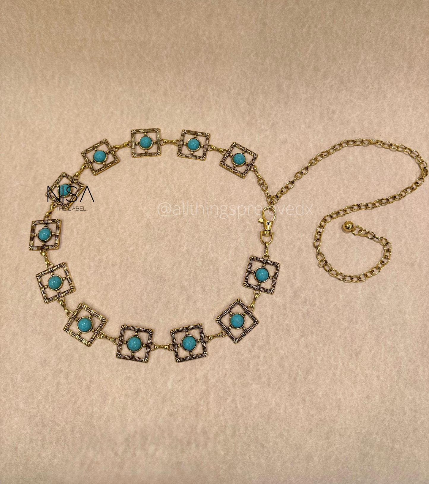 Square turquoise metal chain belt