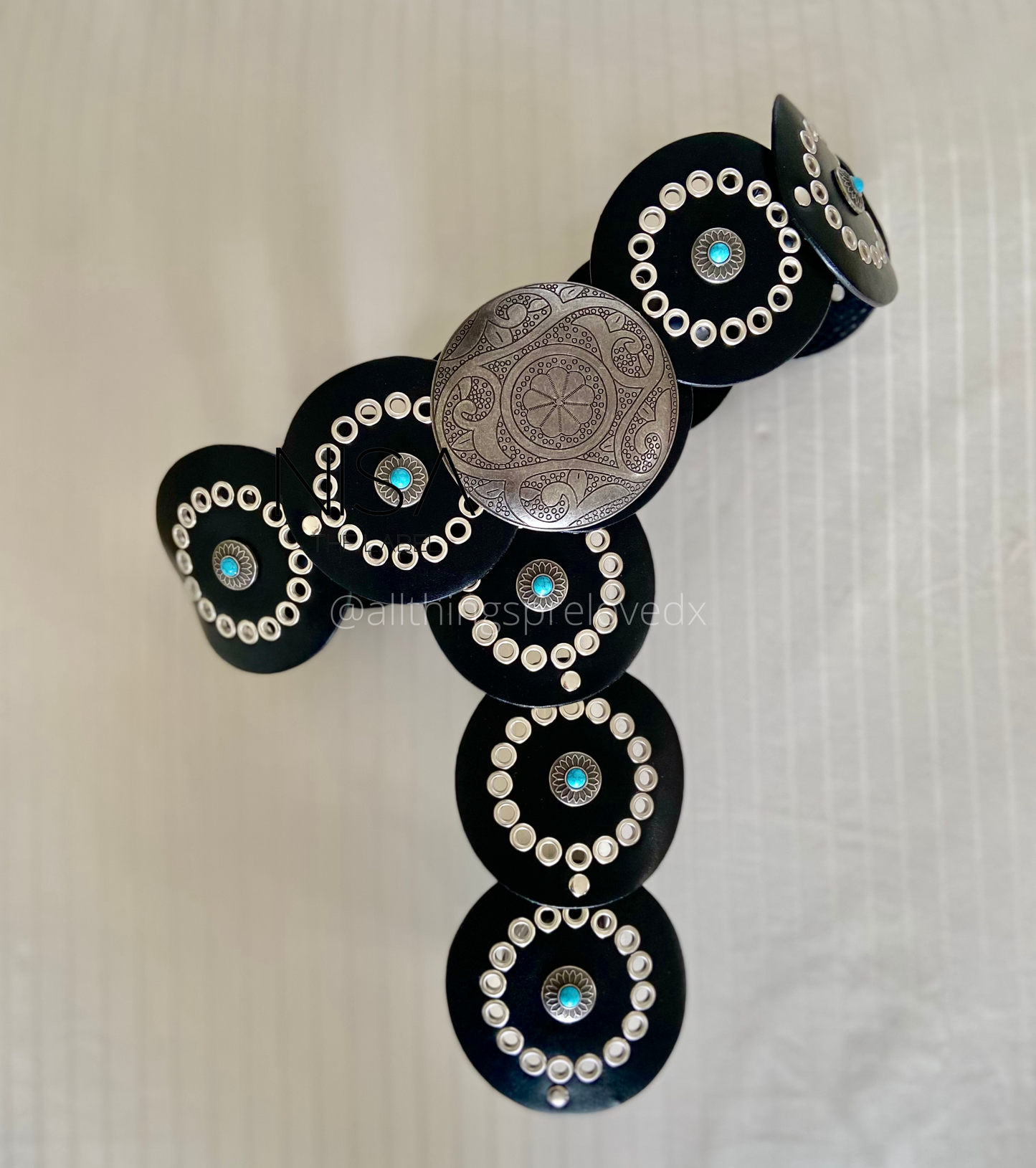 Vintage round silver buckle shield disc single open work waist turquoise stone belt