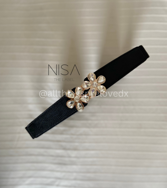 Rhinestone double floral buckle waist cincher belt