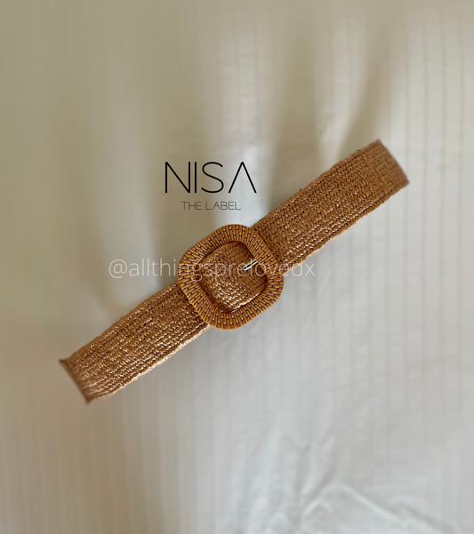 Square buckle tan straw woven belt