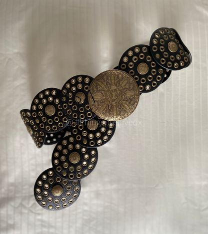 Vintage round bronze buckle shield disc dual open work waist belt