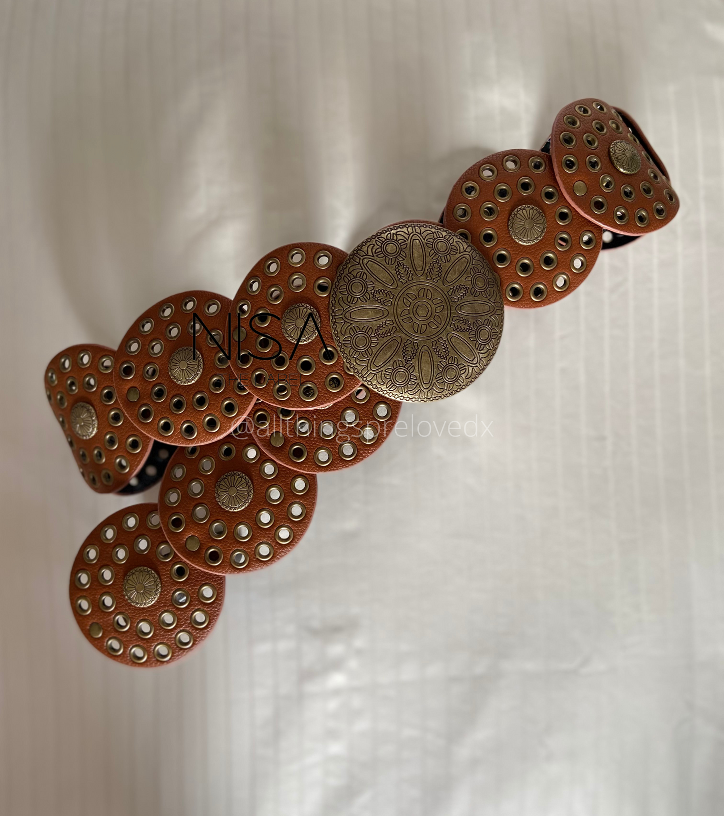 Vintage round bronze buckle shield disc dual open work waist belt