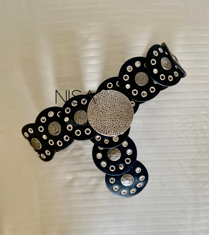 Silver vintage round buckle shield disc waist belt