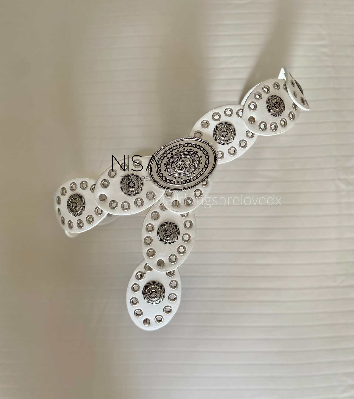 Vintage oval silver buckle shield disc open work waist belt