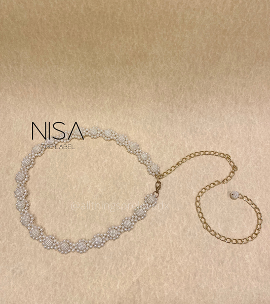 Crochet style floral pearl chain belt