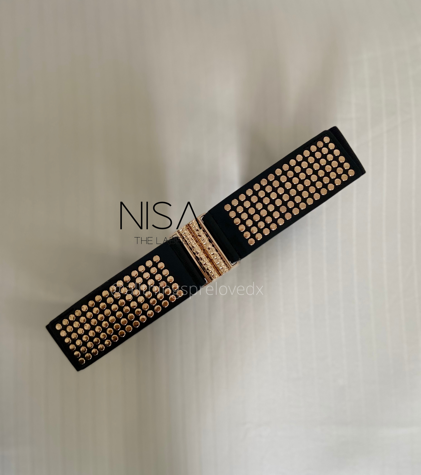 Gold metal cylindrical buckle gold studded waist cincher belt