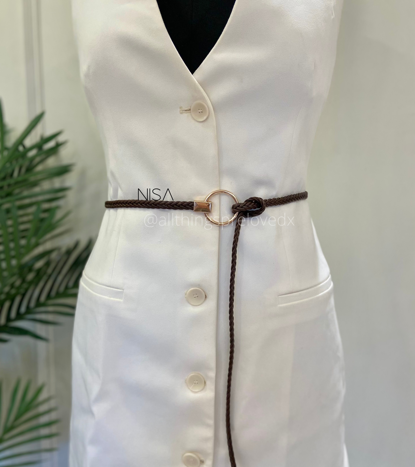 Metal ring buckle braided tie-knot waist belt