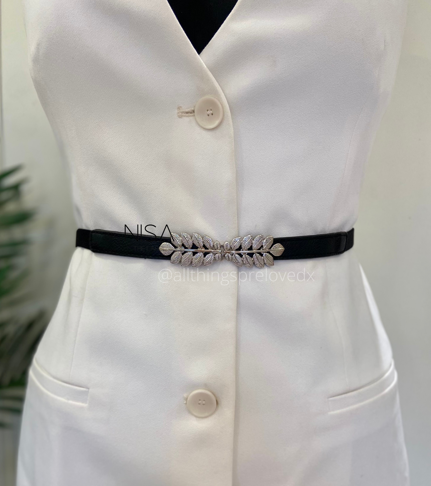 Silver leaf buckle thin waist cincher belt