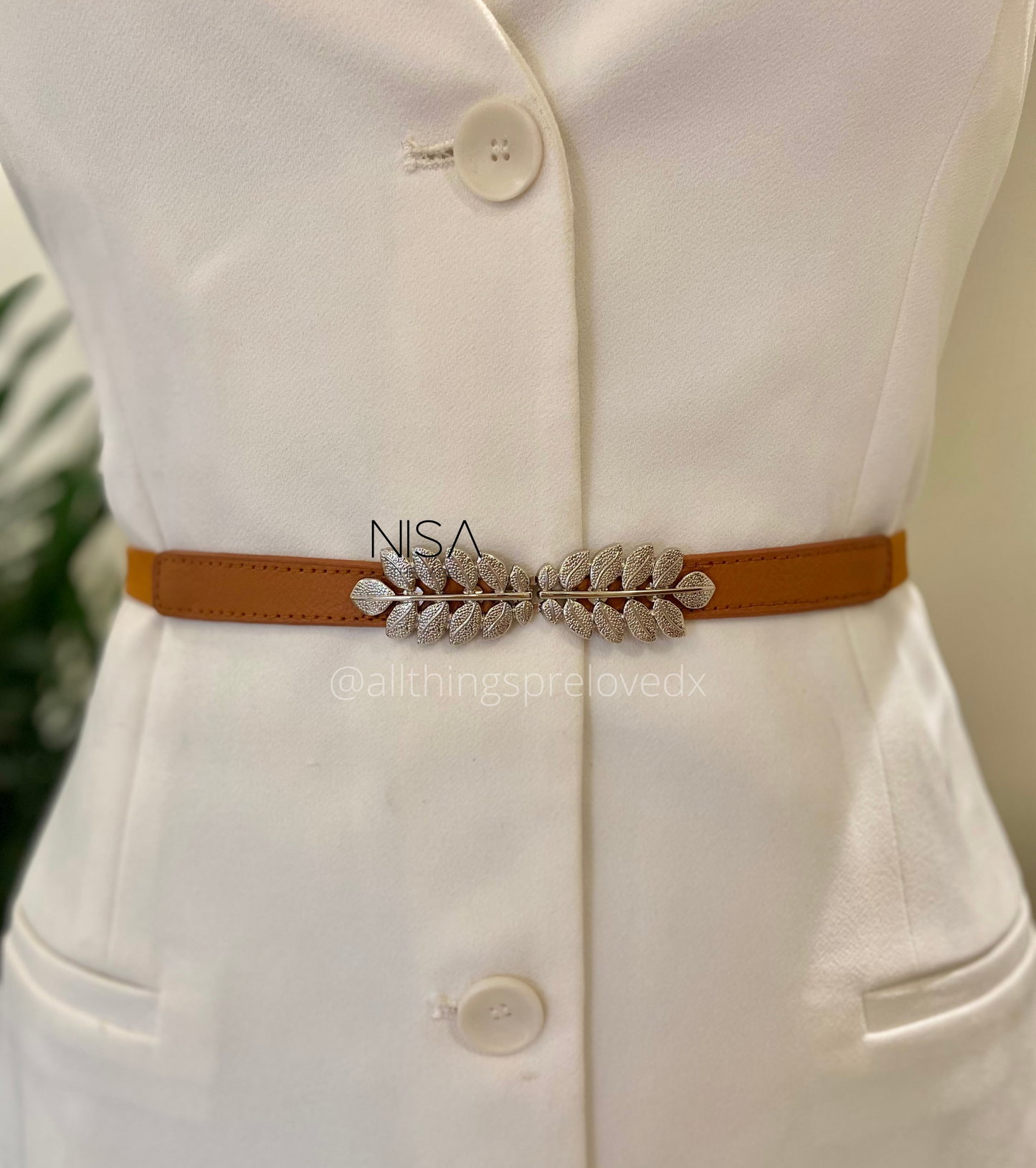 Silver leaf buckle thin waist cincher belt