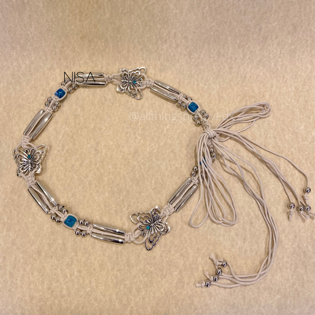 Silver butterfly embellished rope turquoise beads waist belt