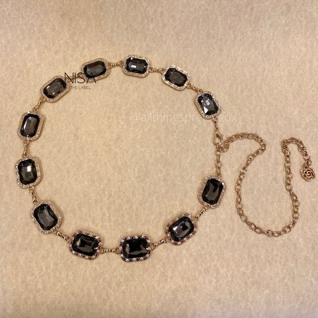 Gem stone rhinestone embellished metal chain belt