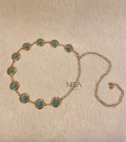 Circular turquoise stone metal chain waist belt