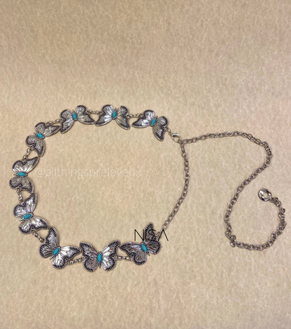 Mercury detailed butterfly turquoise metal chain waist belt