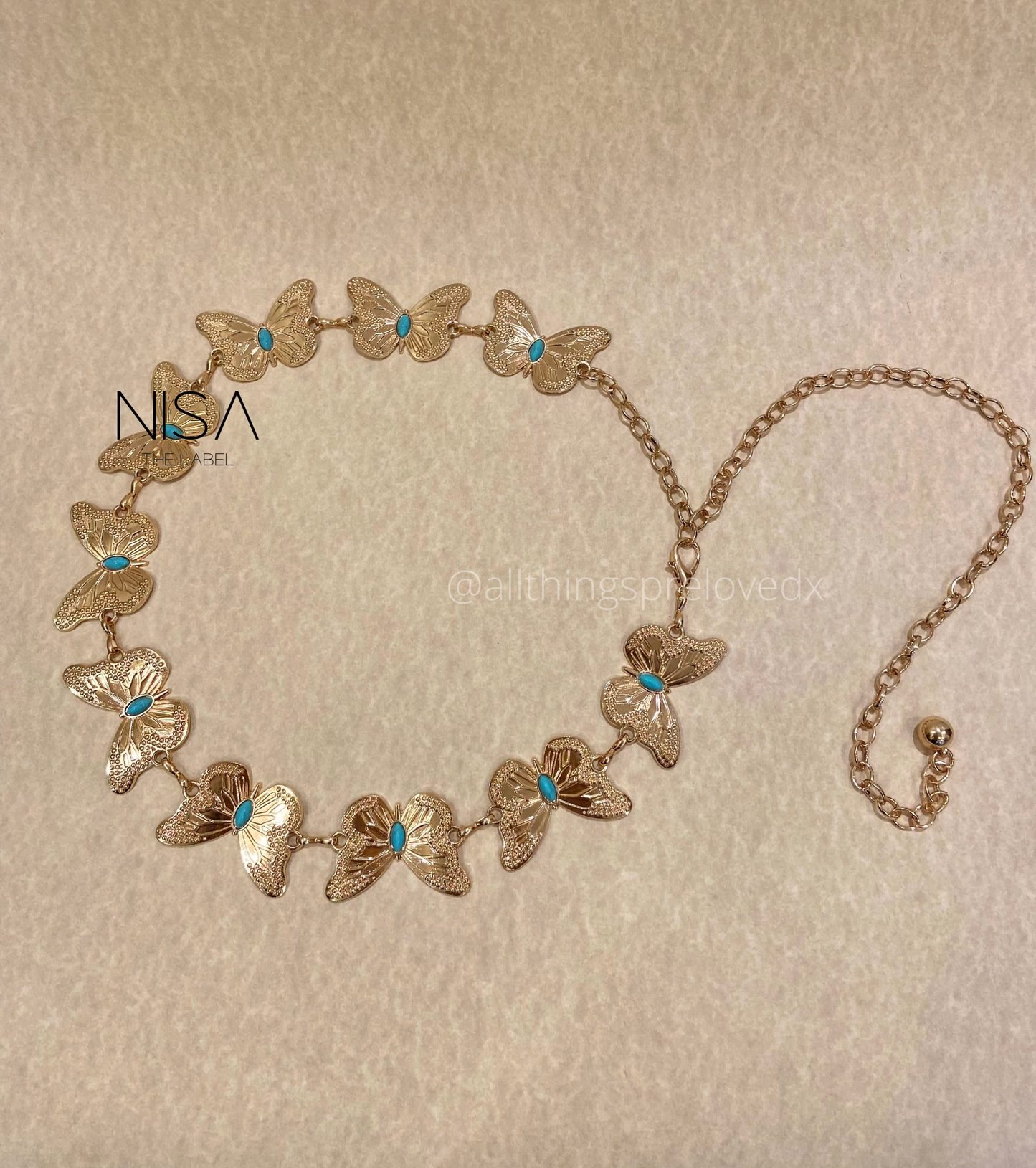 Mercury detailed butterfly turquoise metal chain waist belt