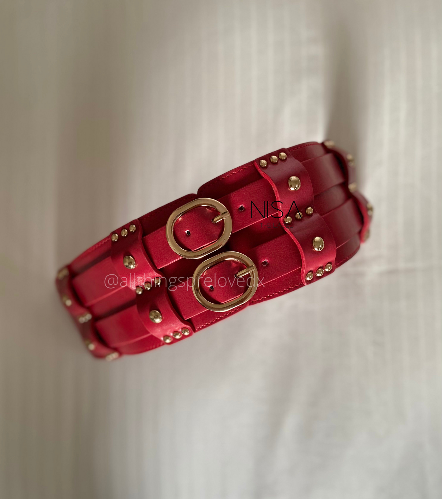 Oval double buckle studded waist cincher belt