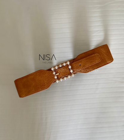 Horizontal rectangle pearl metal buckle textured waist cincher belt