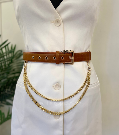 Croc textured gold metal buckle detachable chain basic belt