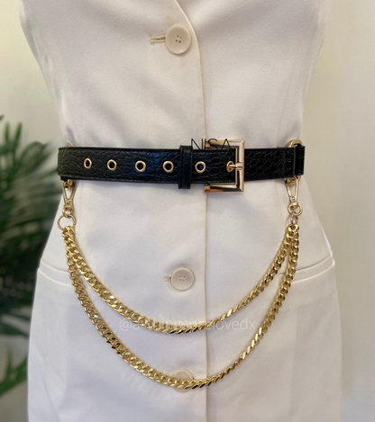 Croc textured gold metal buckle detachable chain basic belt